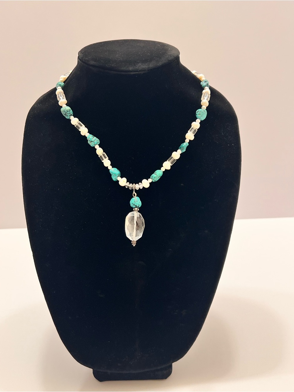 Turquoise Bead Necklace with Clear Pendant - Women's Jewelry